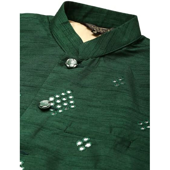 Sojana (Since 1958) Men's Silk Blend Dark Green Mirror Work Only Nehru Jacket