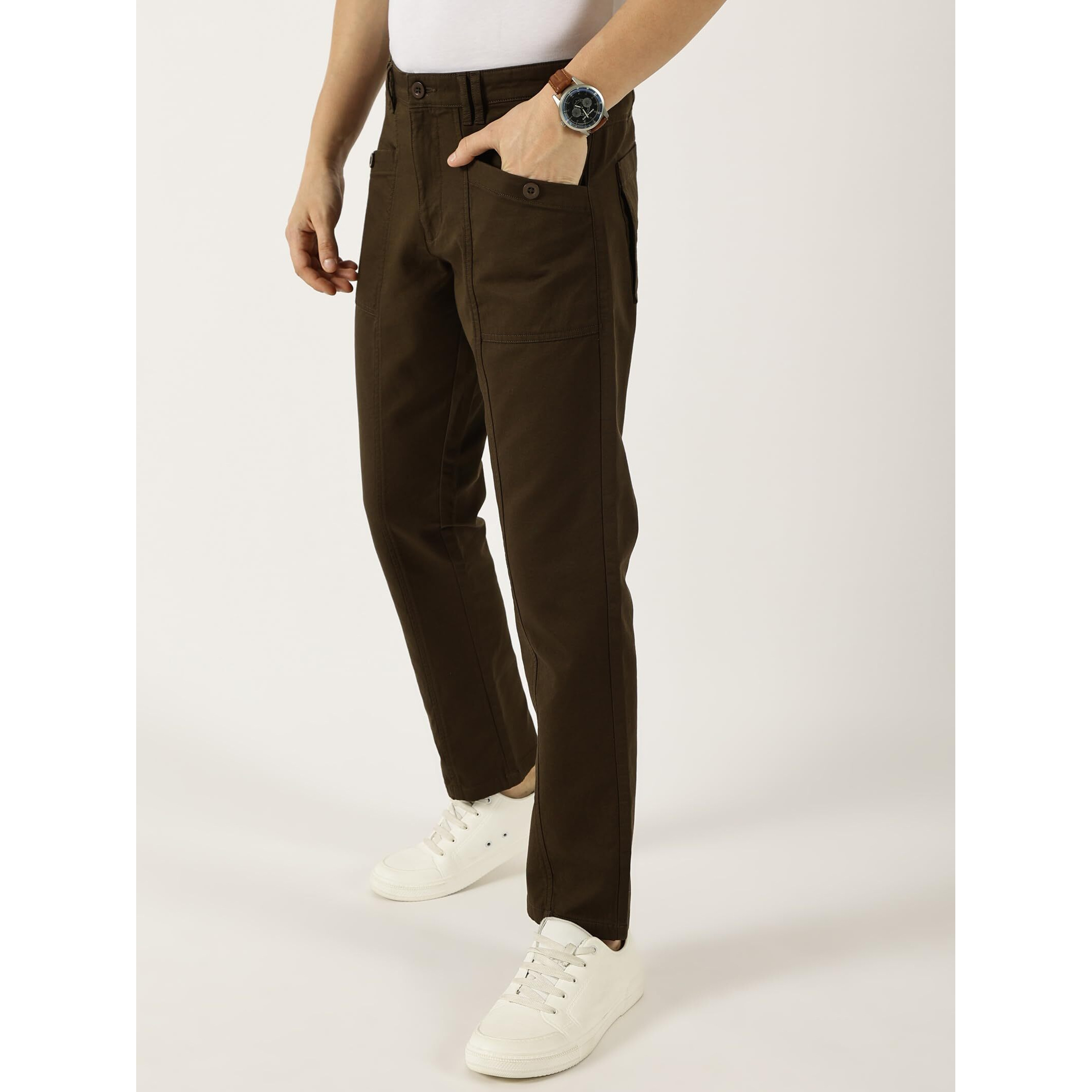 Thomas Scott Men Solid Regular Fit Trouser (Tsb102_Darkolive, 38) Dark Olive