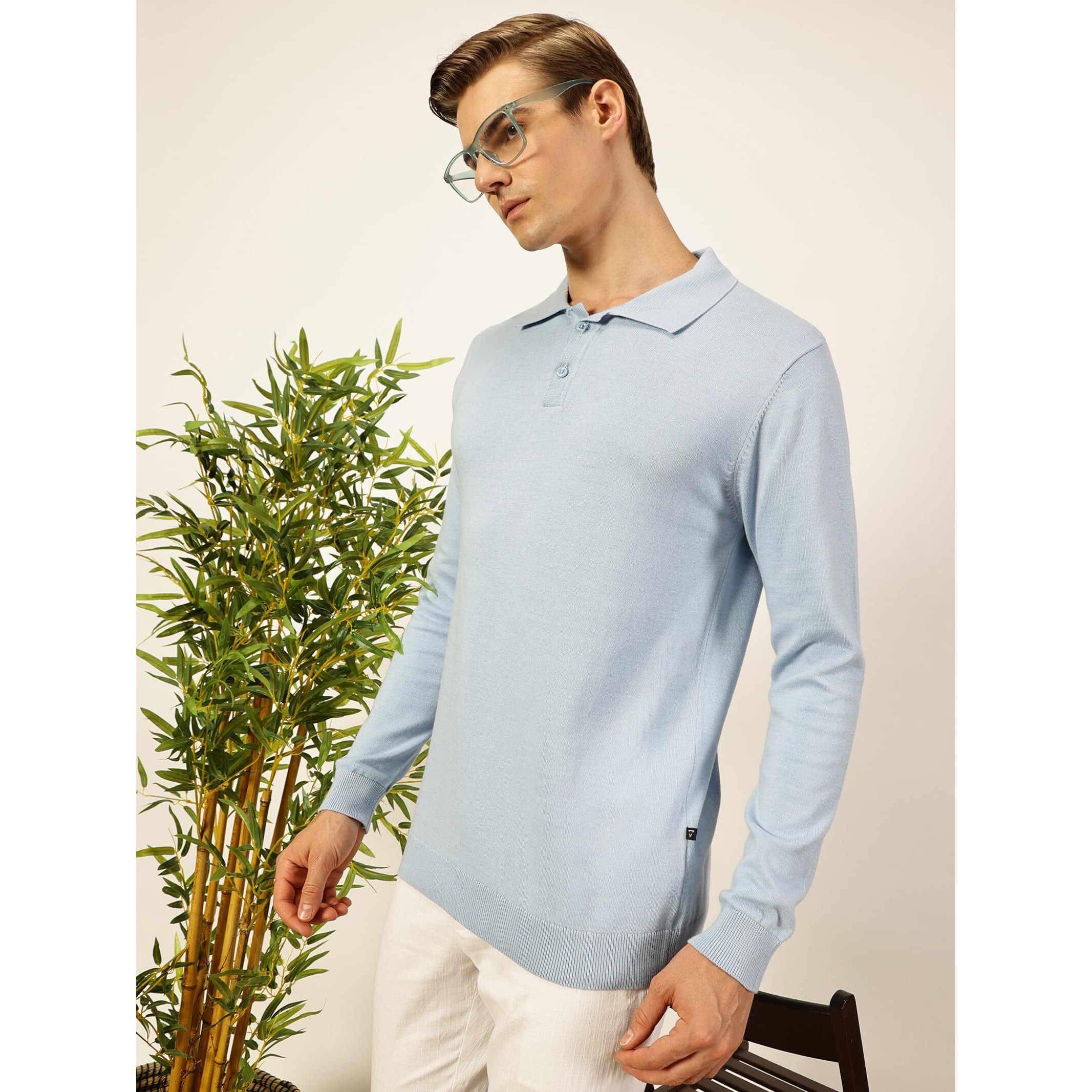 Thomas Scott Mens Regular Fit Full Sleeves Knitted Polo Tshirt (Tsfk03_Skyblue, Xl)