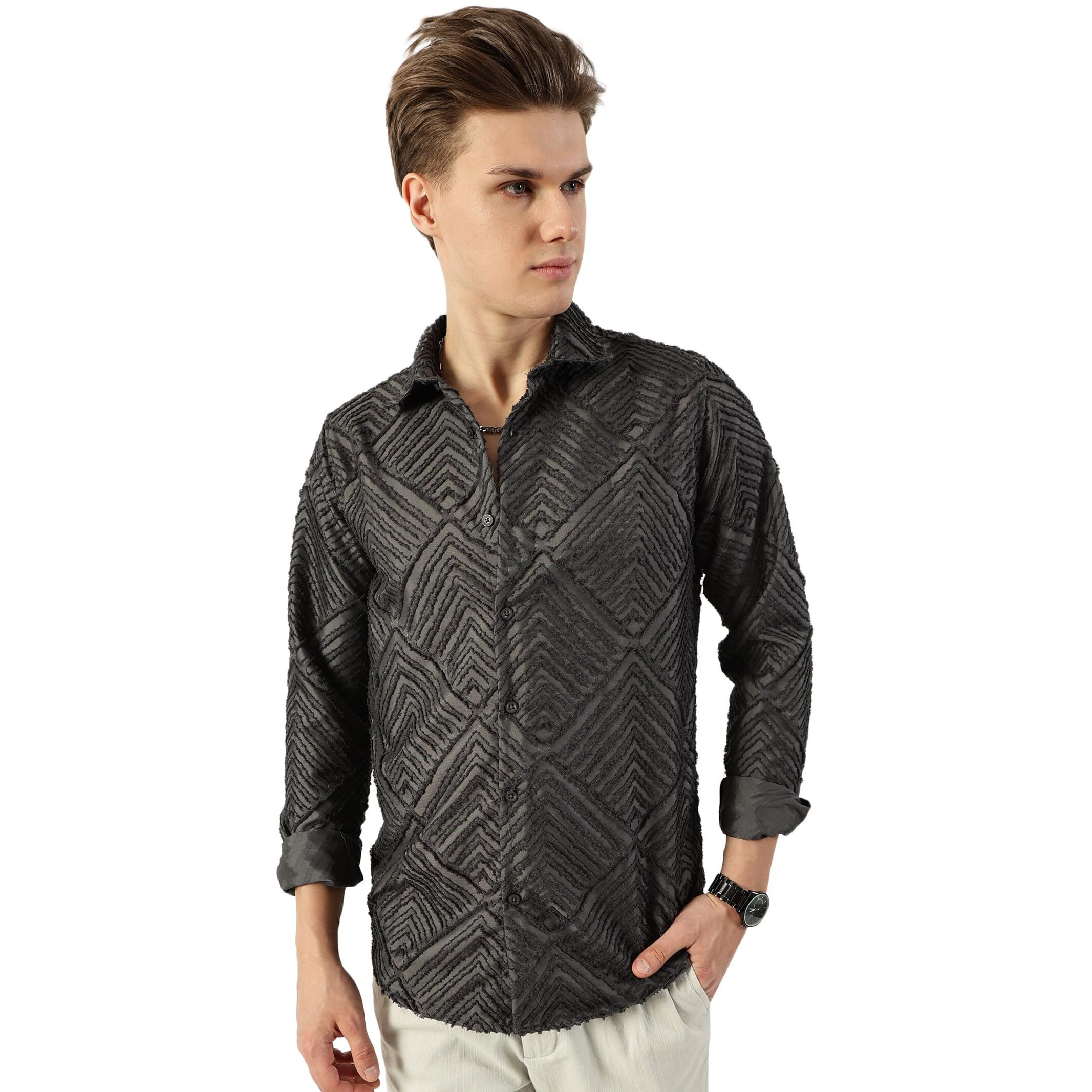 Thomas Scott Men's Slim Fit Textured Spread Collar Long Sleeve Casual Shirt(Ts1669_Grey_L)