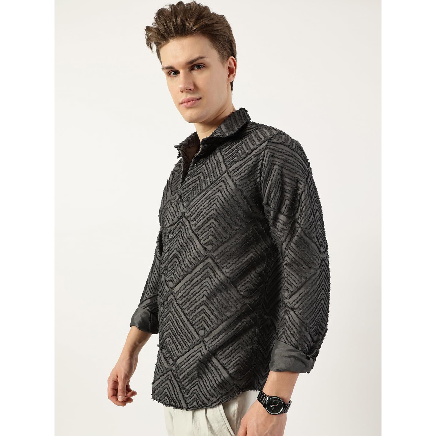 Thomas Scott Men's Slim Fit Textured Spread Collar Long Sleeve Casual Shirt(Ts1669_Grey_L)