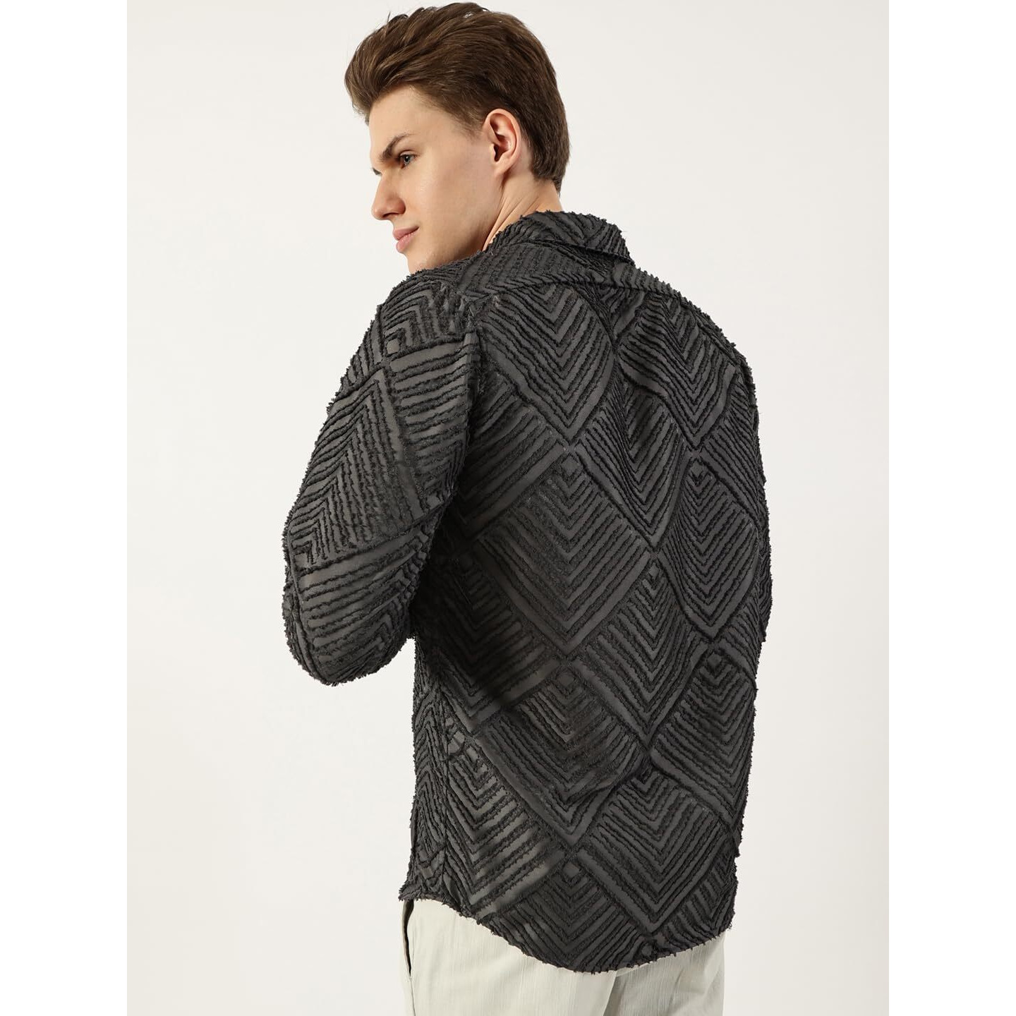 Thomas Scott Men's Slim Fit Textured Spread Collar Long Sleeve Casual Shirt(Ts1669_Grey_L)