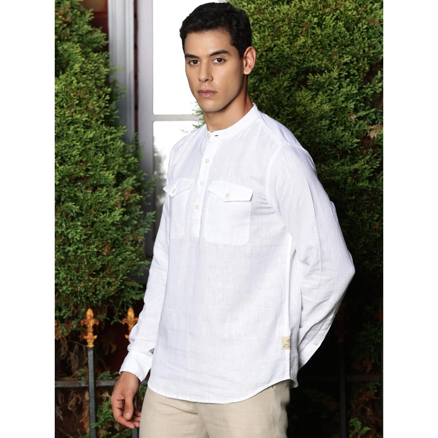 Thomas Scott Men's Premium Cotton Linen Mandarin Collar Casual Shirt (White, L)