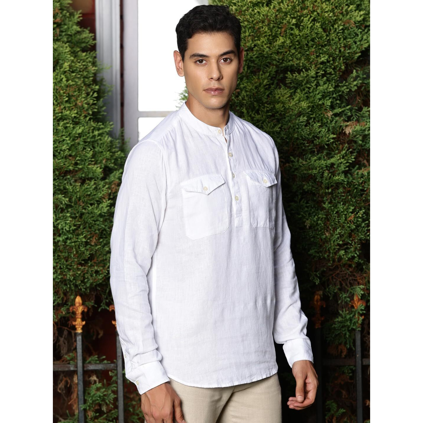 Thomas Scott Men's Premium Cotton Linen Mandarin Collar Casual Shirt (White, L)