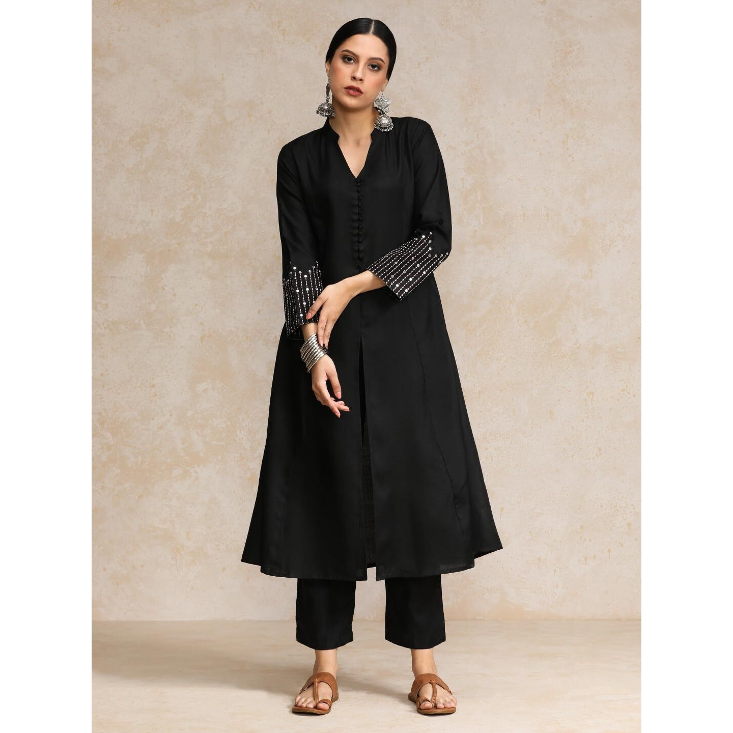 Varanga Black Mandarin Witn V Neck Anarkali Front Slit Detailing With Trouser