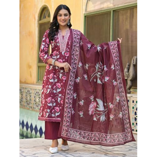 Varanga Floral Printed Detailed With Embroidered Placket Kurta With Trouser & Dupatta