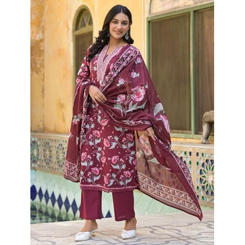 Varanga Floral Printed Detailed With Embroidered Placket Kurta With Trouser & Dupatta