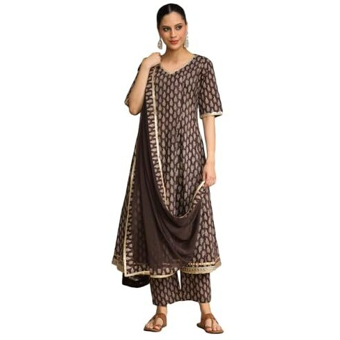 Varanga Ethnic Jaipuri Printed V Neck Sequin Detailed Anarkali With Trouser & Dupatta