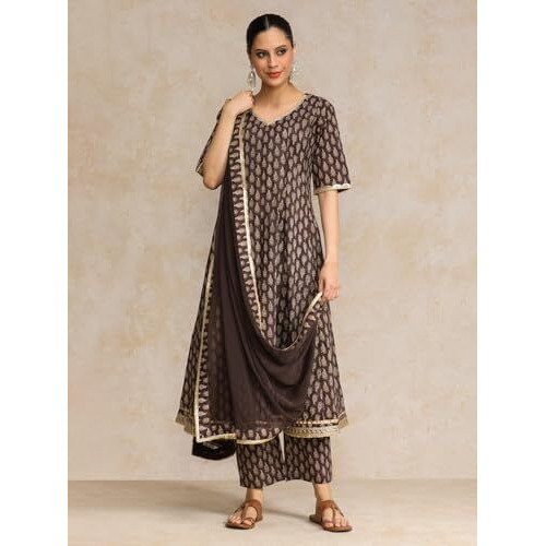 Varanga Ethnic Jaipuri Printed V Neck Sequin Detailed Anarkali With Trouser & Dupatta