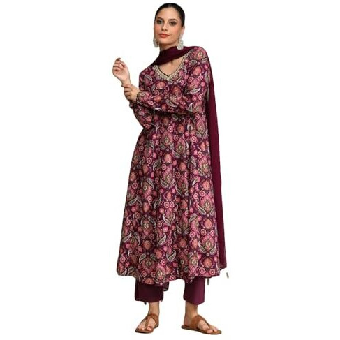 Varanga Ethnic Printed V Neck Chudidar Sleeve Anarkali With Trouser & Dupatta