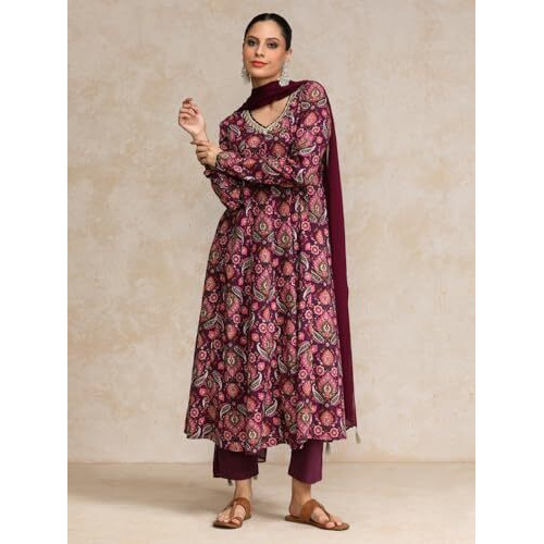 Varanga Ethnic Printed V Neck Chudidar Sleeve Anarkali With Trouser & Dupatta