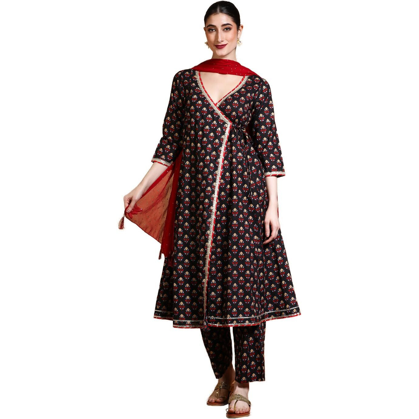 Varanga Women V-Neck Floral Printed Angrakha Kurta With Trousers & Dupatta