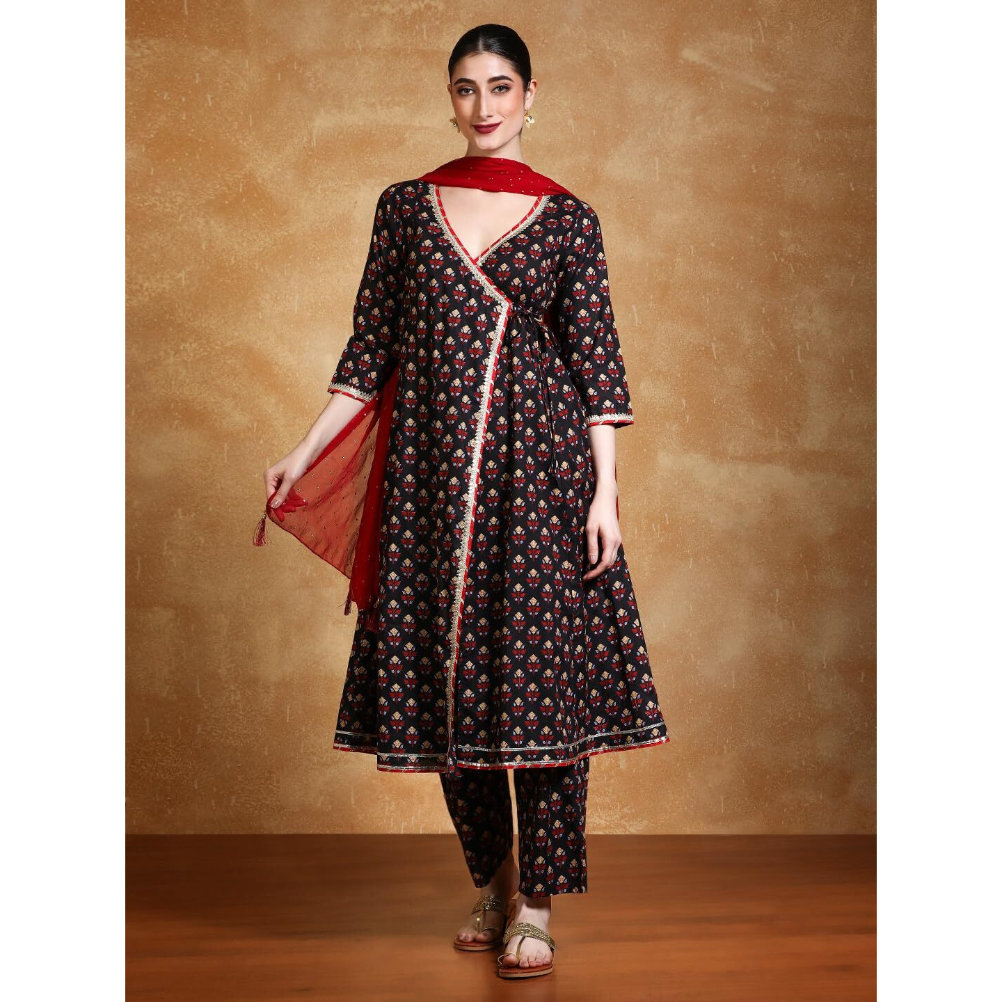 Varanga Women V-Neck Floral Printed Angrakha Kurta With Trousers & Dupatta