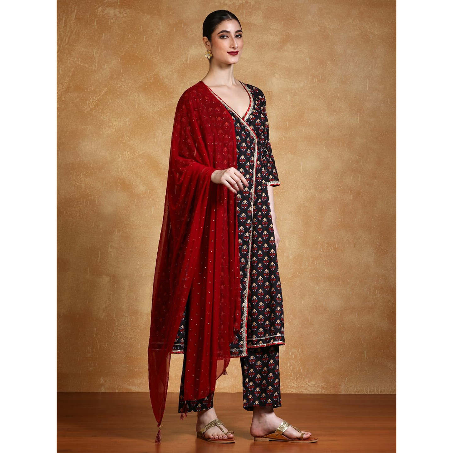 Varanga Women V-Neck Floral Printed Angrakha Kurta With Trousers & Dupatta