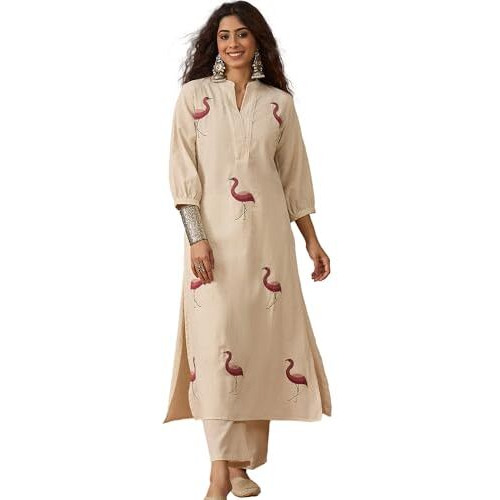 Varanga Flamingo Embroidered Kurta Paired With Solid Trousers White