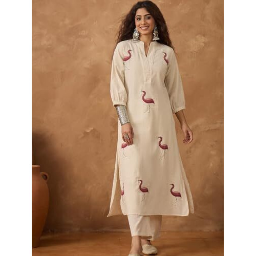 Varanga Flamingo Embroidered Kurta Paired With Solid Trousers White