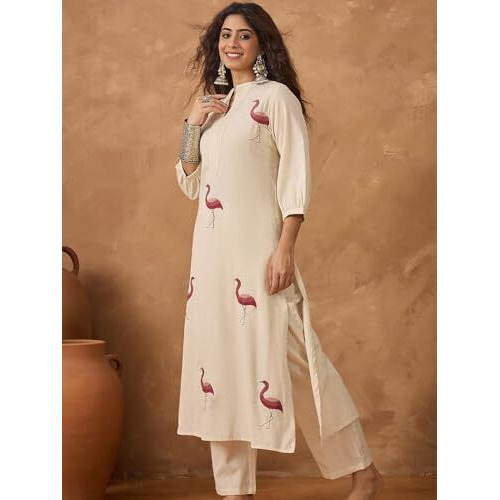 Varanga Flamingo Embroidered Kurta Paired With Solid Trousers White