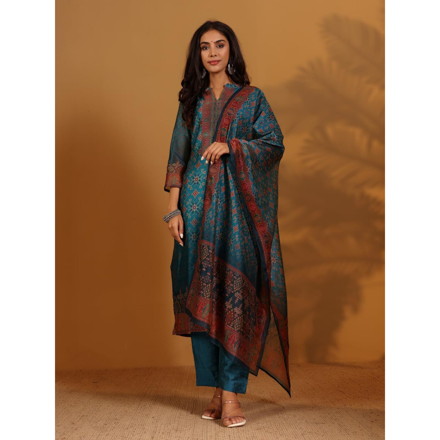 Varanga Ethnic Patola Printed,Straight Kurta With Solid Bottom And Printed Dupatta Teal