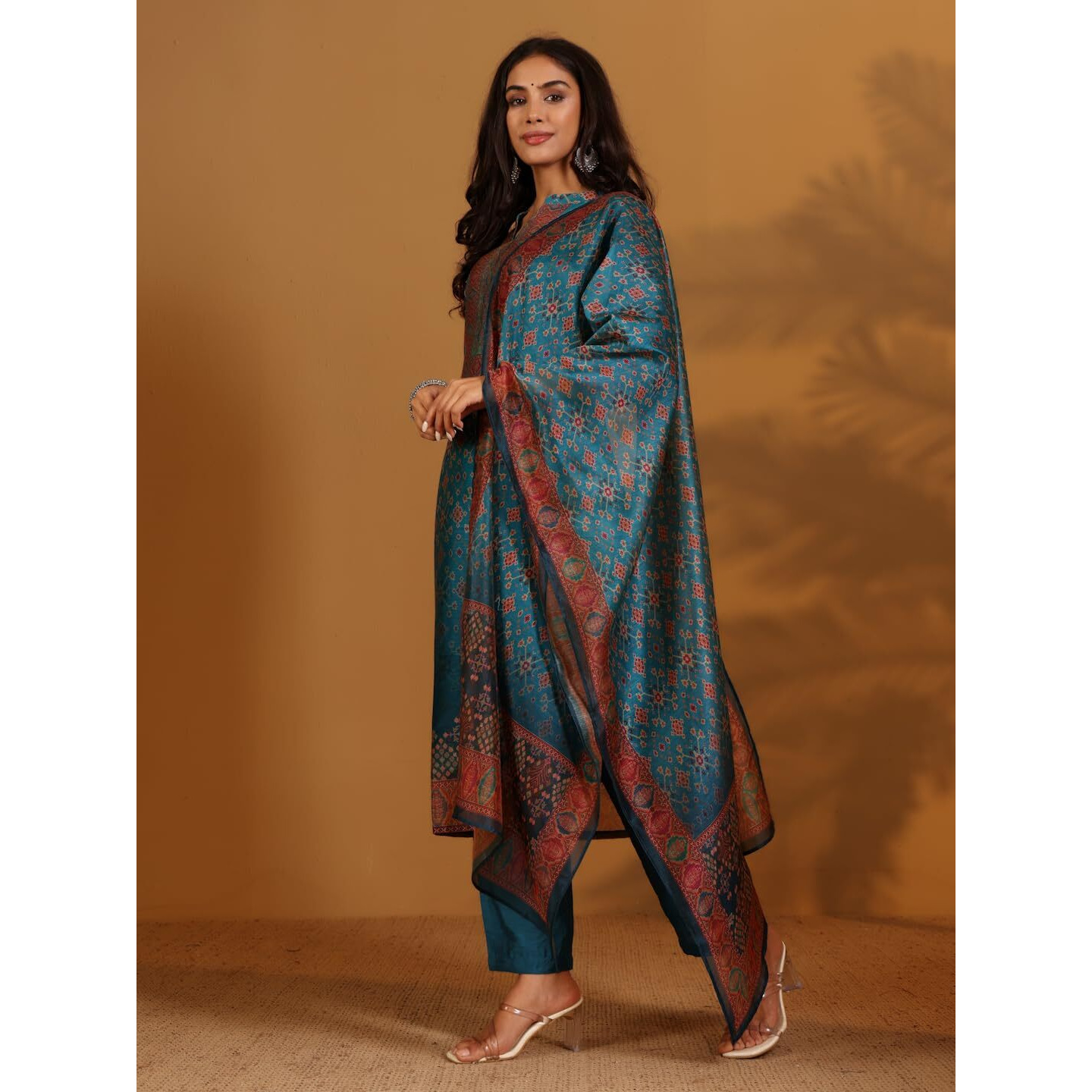 Varanga Ethnic Patola Printed,Straight Kurta With Solid Bottom And Printed Dupatta Teal