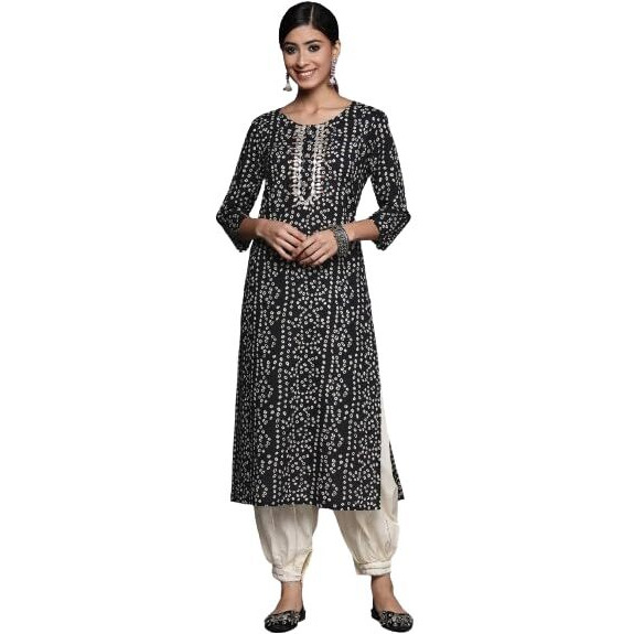 Black Printed Cotton Kurta Has A Gota Patti Work On Placket, Kurta Has Round Neck And Three Quarter Sleeves