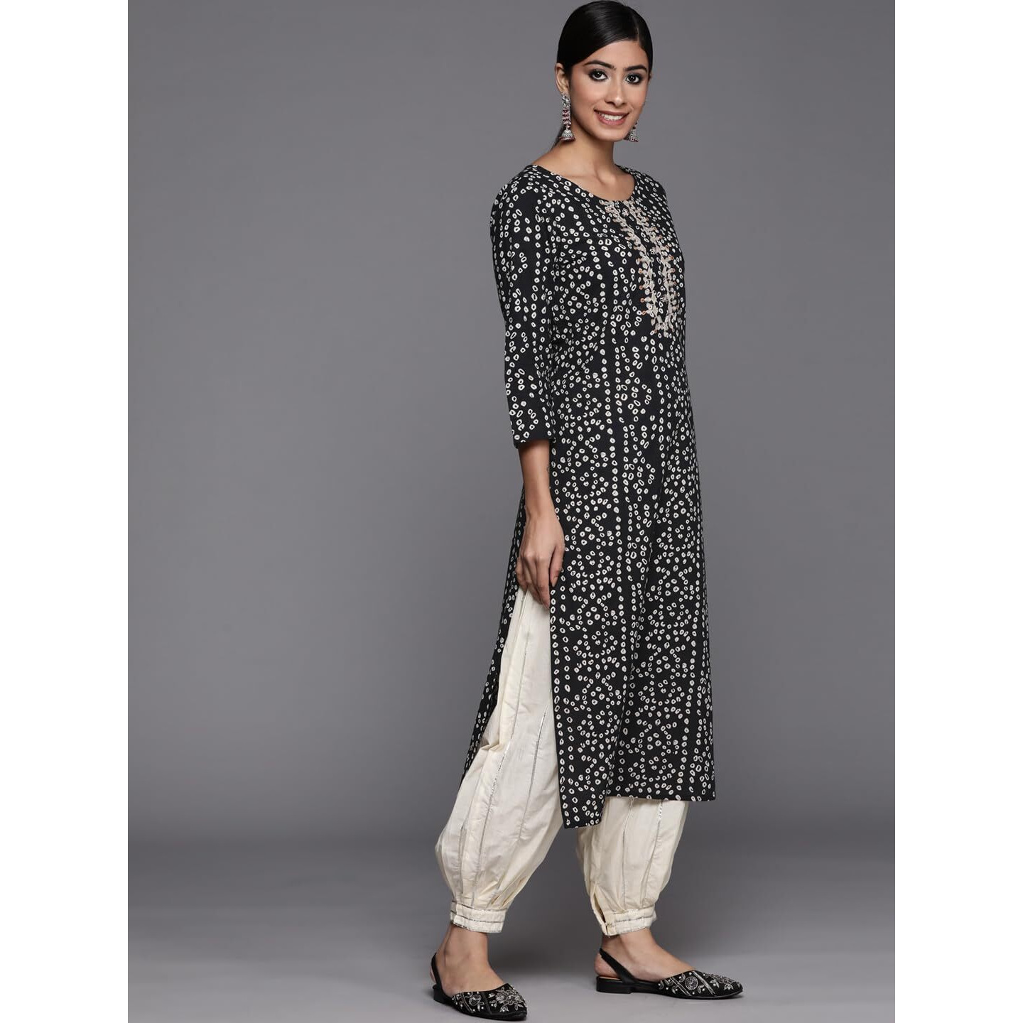 Black Printed Cotton Kurta Has A Gota Patti Work On Placket, Kurta Has Round Neck And Three Quarter Sleeves