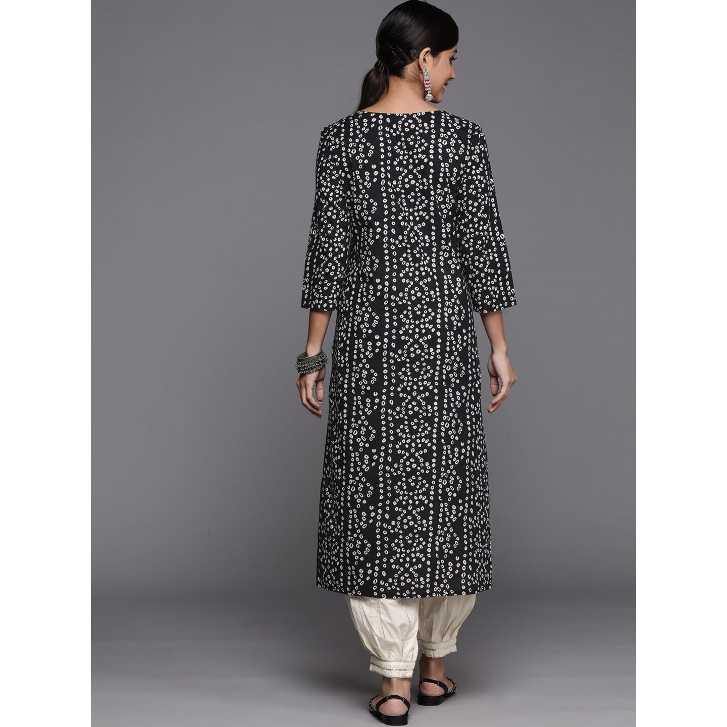 Black Printed Cotton Kurta Has A Gota Patti Work On Placket, Kurta Has Round Neck And Three Quarter Sleeves