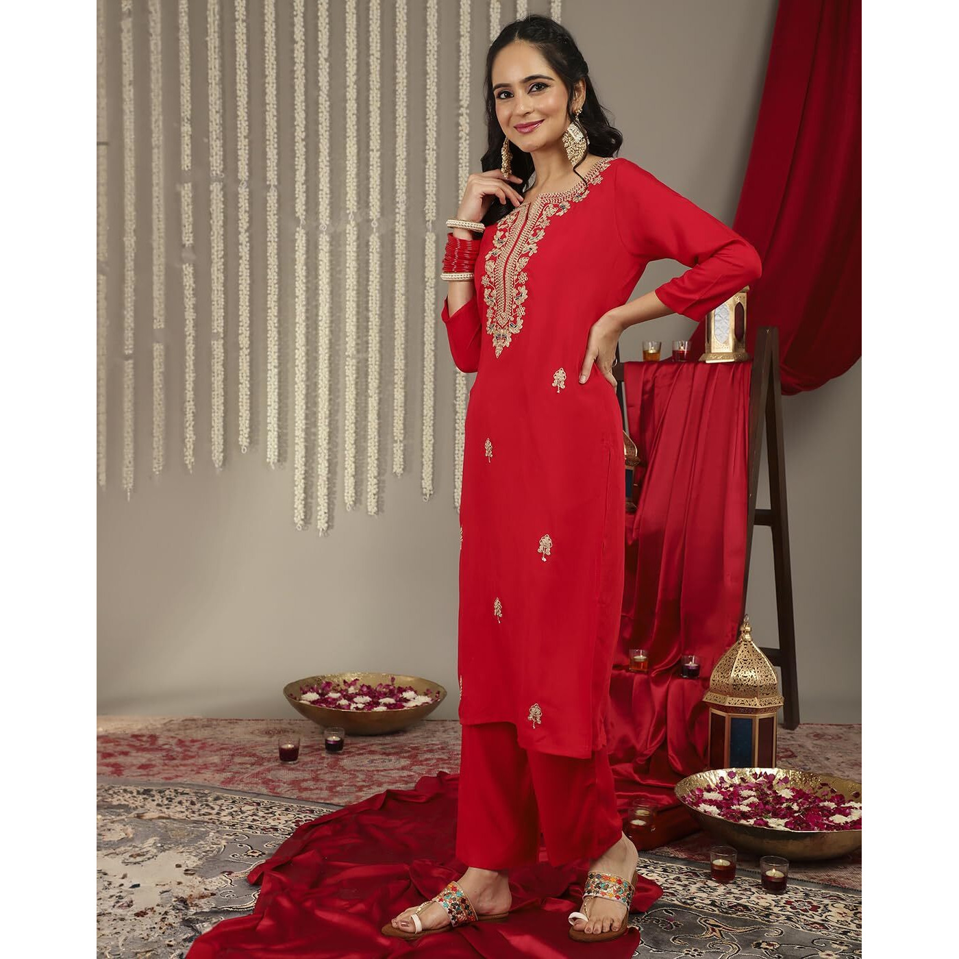 Varanga Women Red Placement Design Zari Embroidered Kurta With Three Quarter Sleeves Paired With Tonal Bottom And Contrast Printed Dupatta