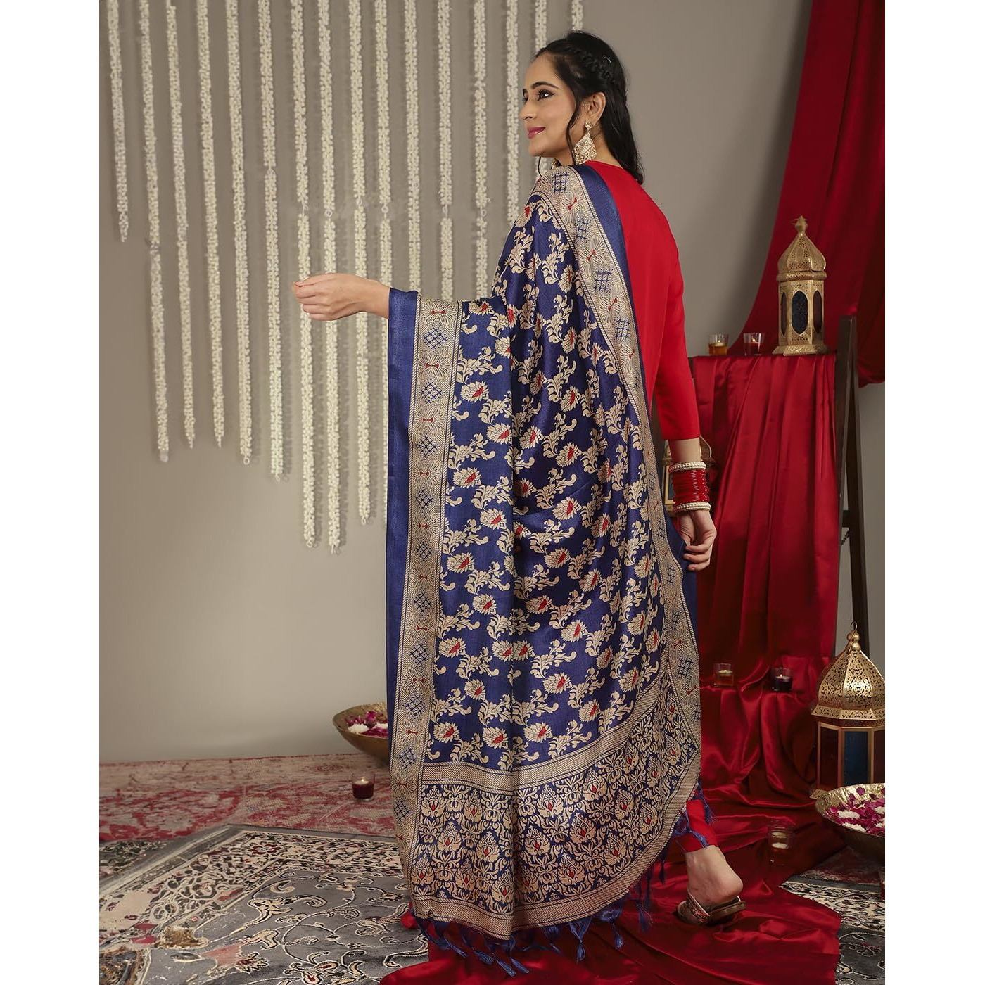 Varanga Women Red Placement Design Zari Embroidered Kurta With Three Quarter Sleeves Paired With Tonal Bottom And Contrast Printed Dupatta