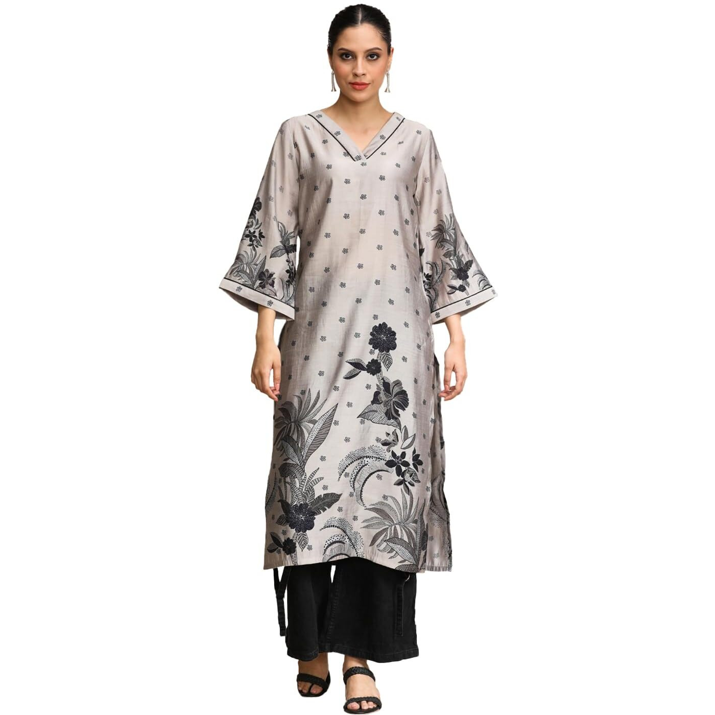 Varanga Bold Placement Floral Printed V Neck Kurta Grey