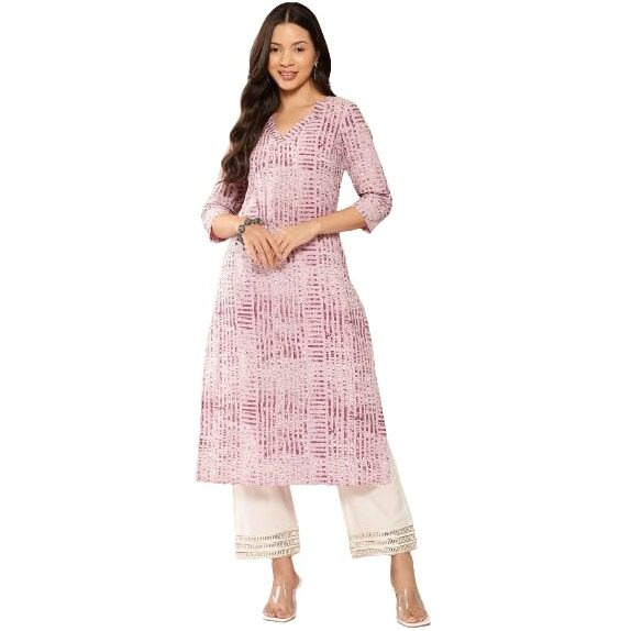 Lavender Stripe Printed V-Neck Embellished With Triangular Lace, Three Quarter Sleeves With Gota Lace Detail, Straight Kurta With Side Slits