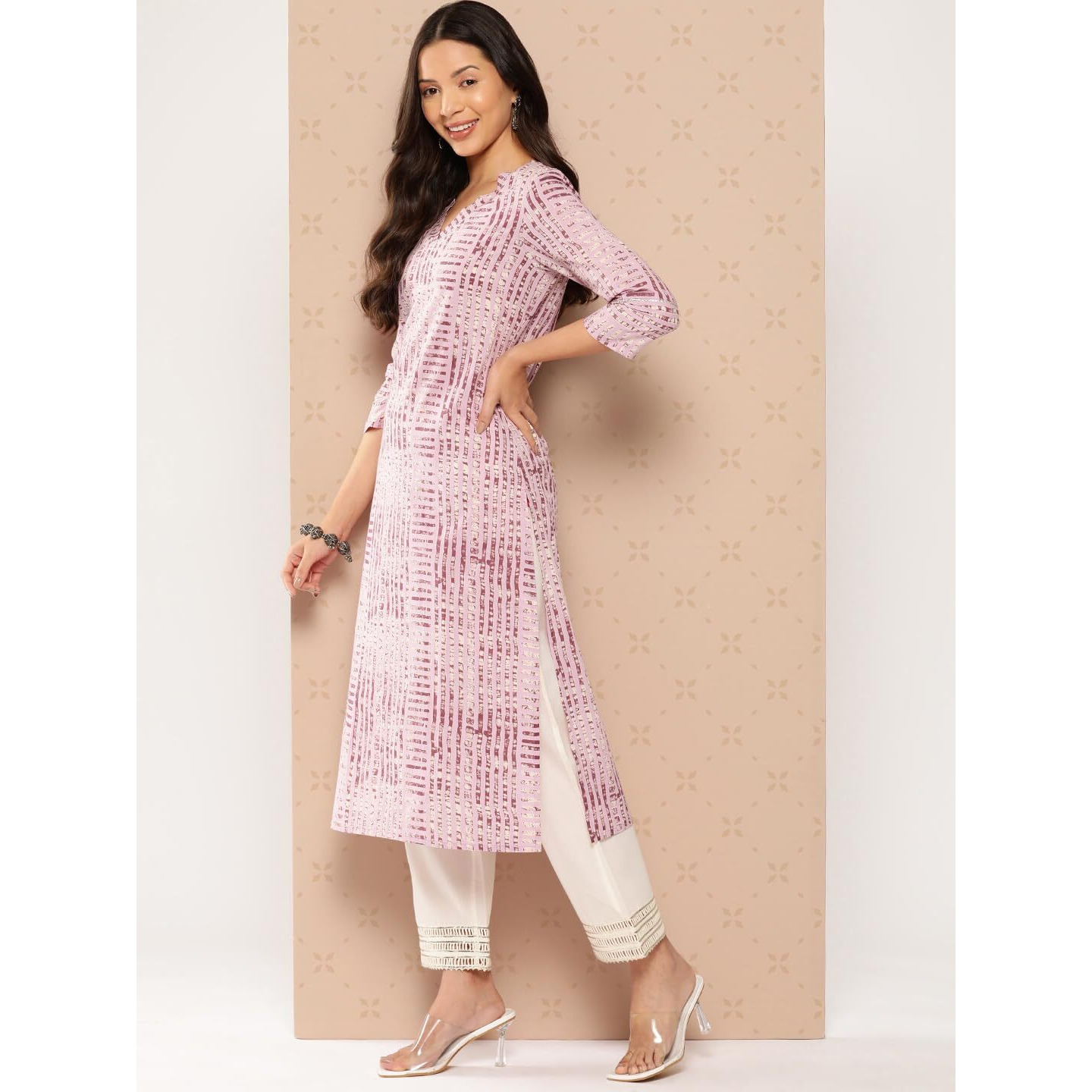 Lavender Stripe Printed V-Neck Embellished With Triangular Lace, Three Quarter Sleeves With Gota Lace Detail, Straight Kurta With Side Slits