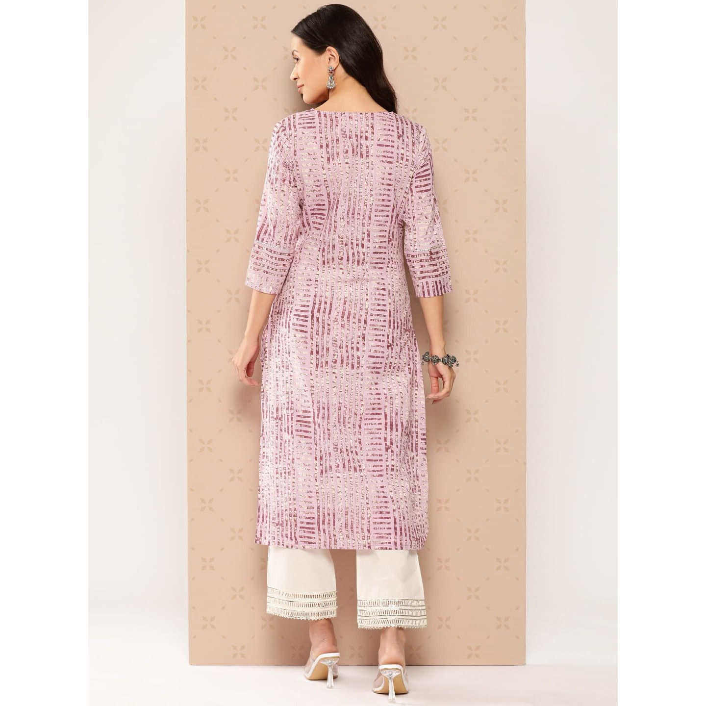 Lavender Stripe Printed V-Neck Embellished With Triangular Lace, Three Quarter Sleeves With Gota Lace Detail, Straight Kurta With Side Slits