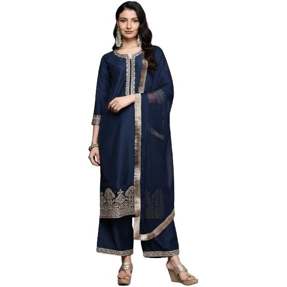 Varanga 's Round Neck Embroidered Kurta With Tonal Bottom And Dupata