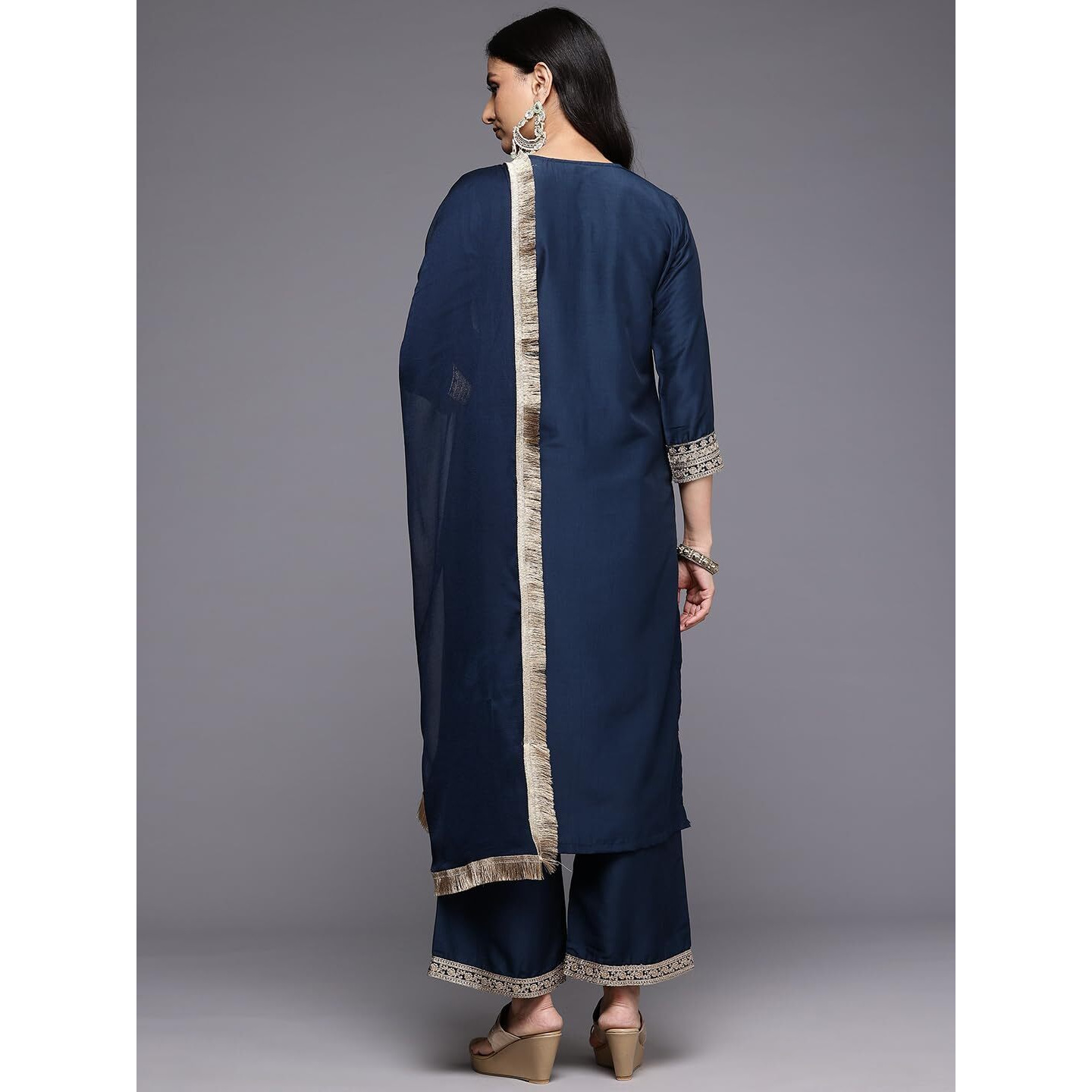Varanga 's Round Neck Embroidered Kurta With Tonal Bottom And Dupata
