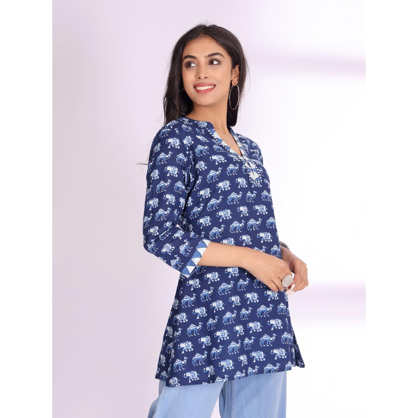 Varanga Ethnic Motifs Printed Notch Neck Cotton A-Line Kurti Blue