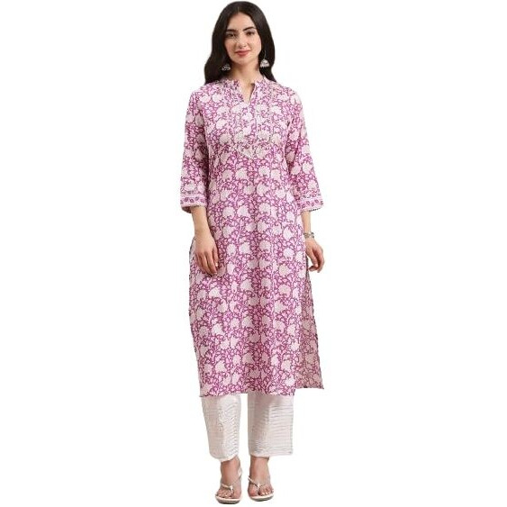 Purple And White Floral Printed Gota Embellished Straight Kurta, Mandarin Collar With V Neckline