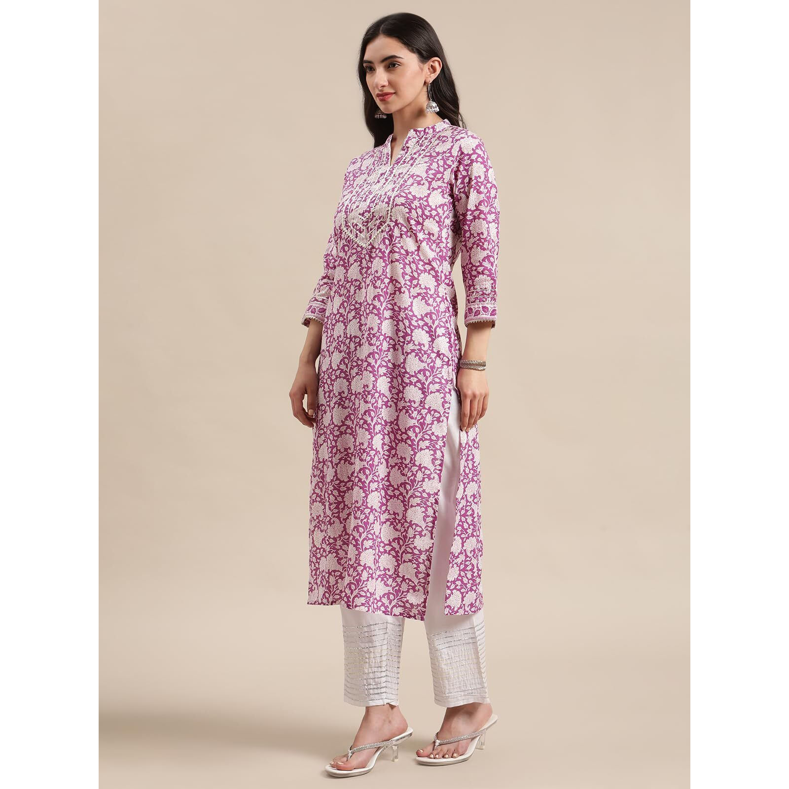Purple And White Floral Printed Gota Embellished Straight Kurta, Mandarin Collar With V Neckline