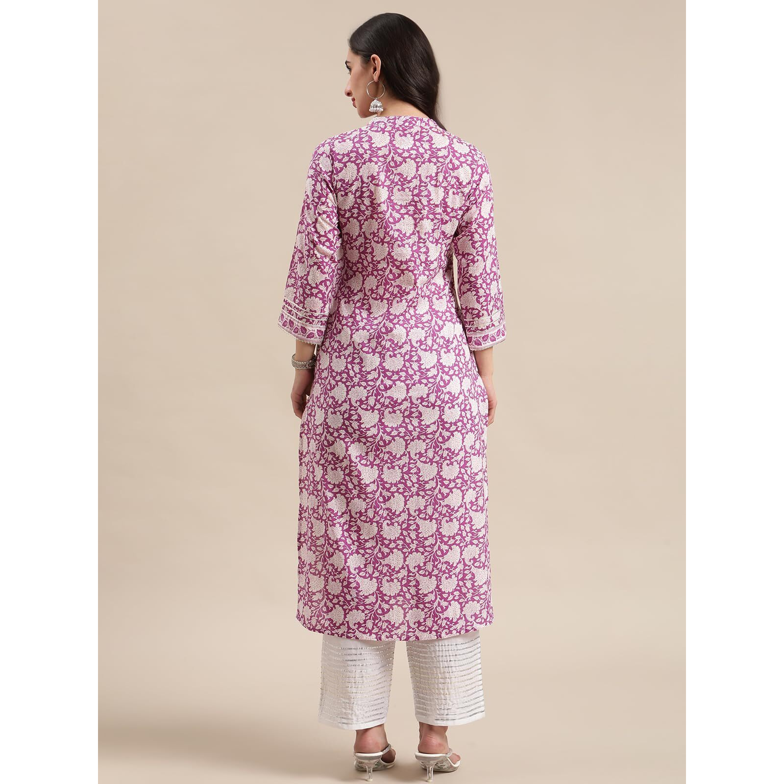 Purple And White Floral Printed Gota Embellished Straight Kurta, Mandarin Collar With V Neckline