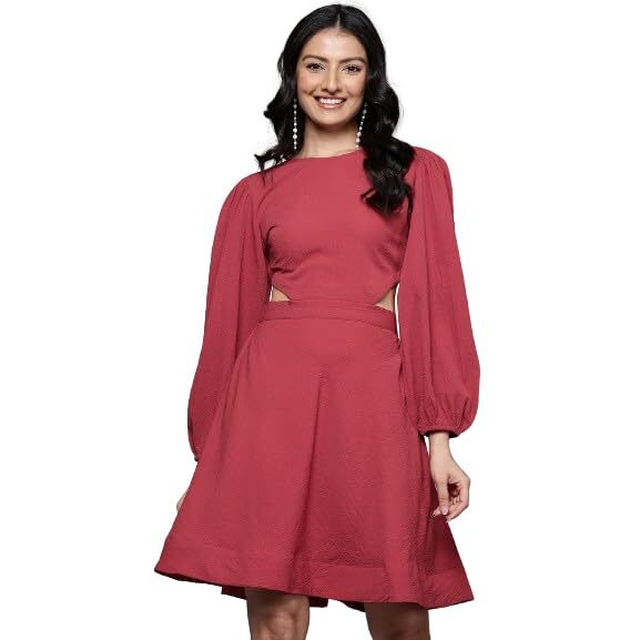 Varanga Women Rust Round Neck, Cut-Out Detail On Waist, Knee Length Dress