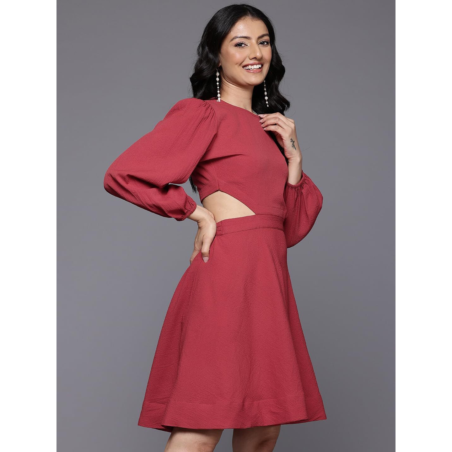 Varanga Women Rust Round Neck, Cut-Out Detail On Waist, Knee Length Dress