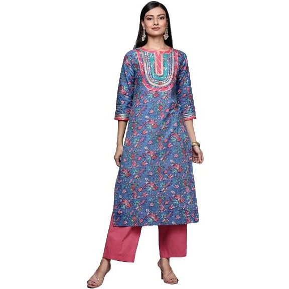 Varanga Blue Floral Printed Straight Kurta With Three Quarter Sleeves