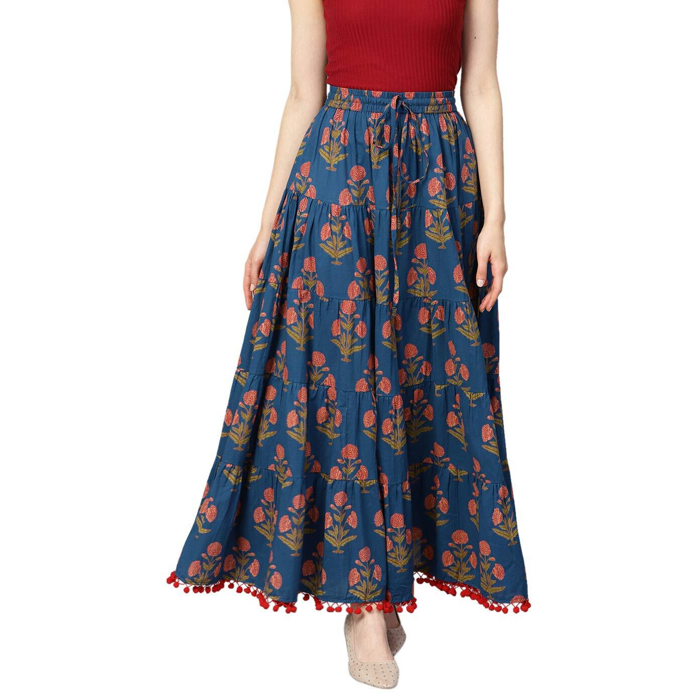Varanga Blue Floral Printed Tiered Skirt With Drawstring And Tassels At Waist Band With Pom-Pom Lace At Hemline