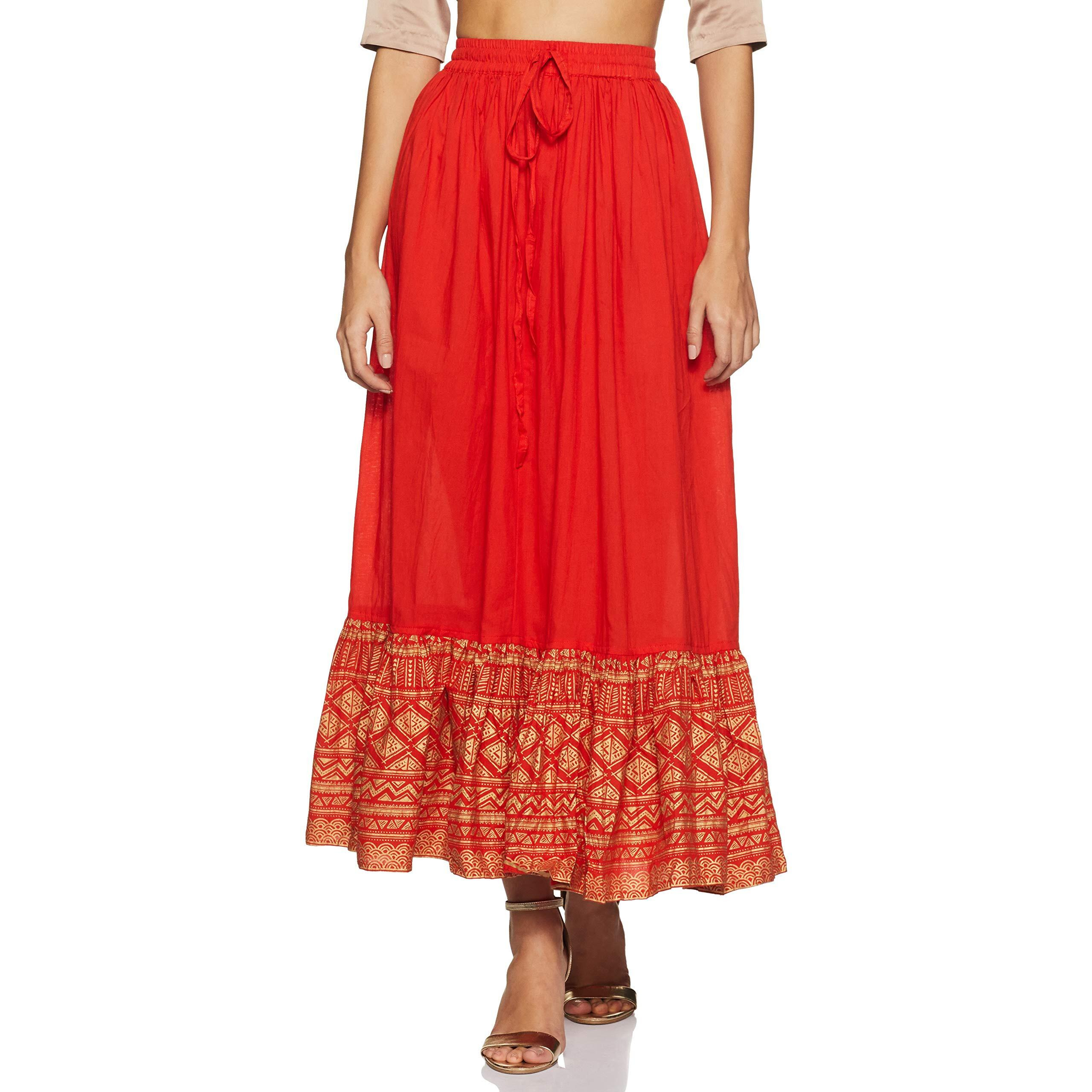 Varanga Women's Pure Cotton Skirt - Orange With Gold Detailing| Elegant And Comfortable Ethnic Wear