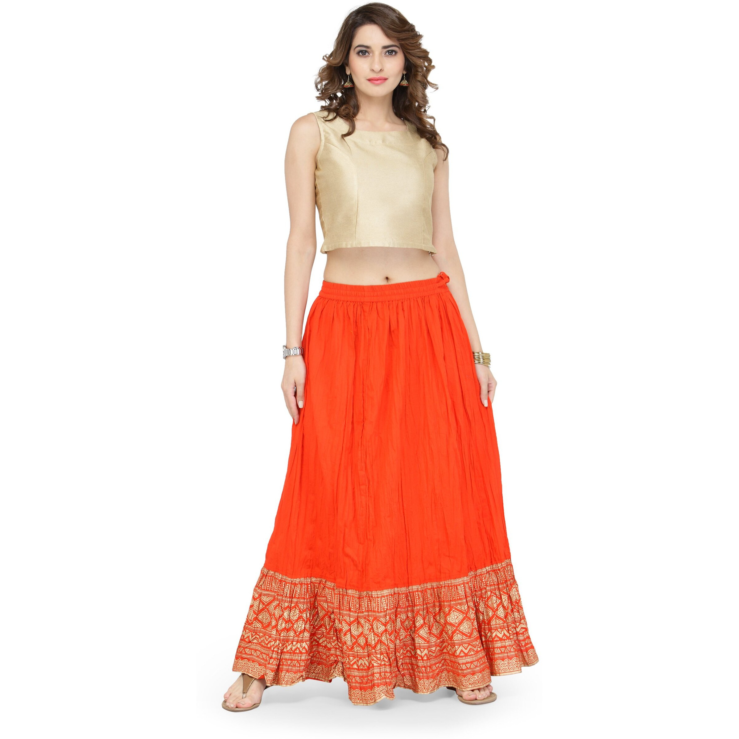 Varanga Women's Pure Cotton Skirt - Orange With Gold Detailing| Elegant And Comfortable Ethnic Wear