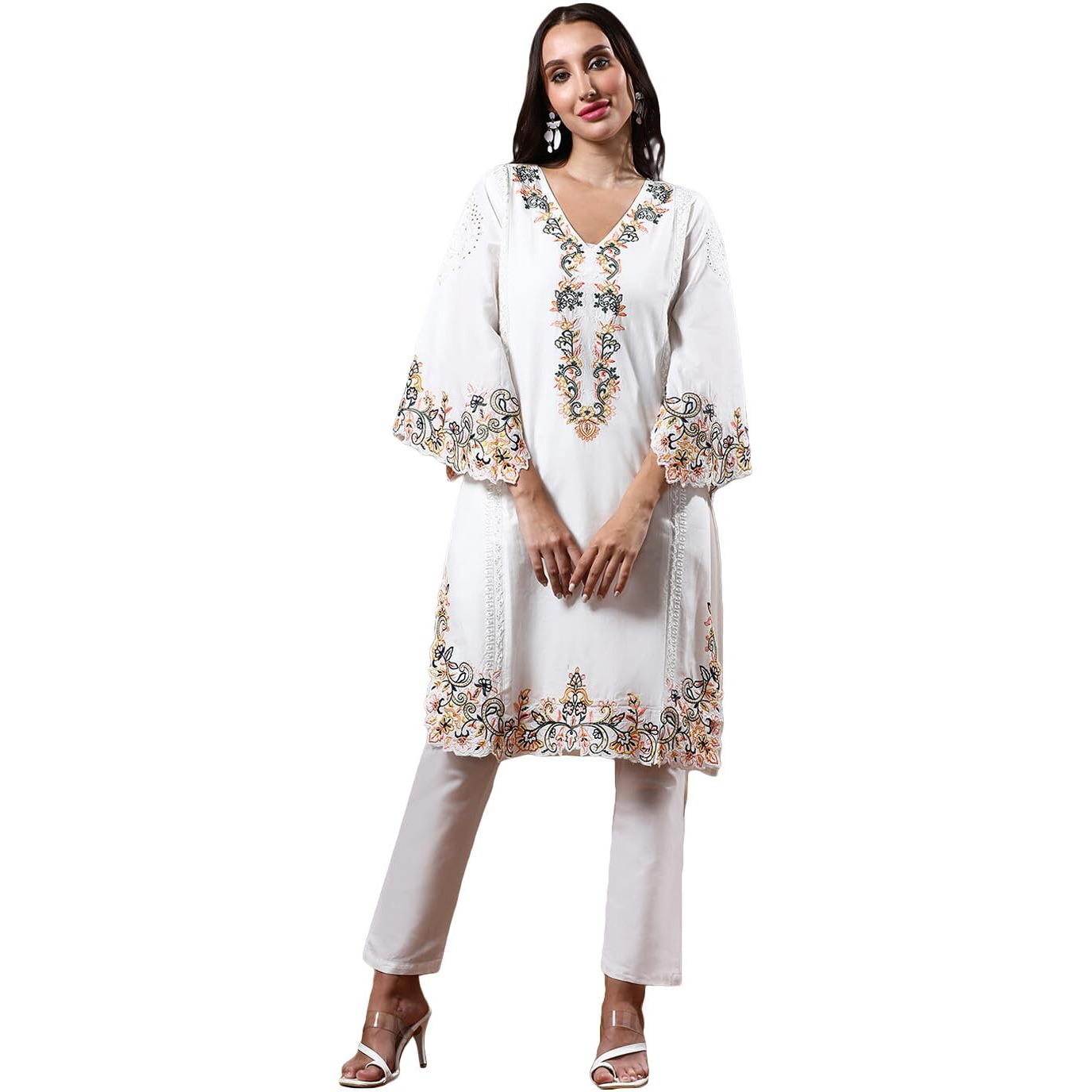 Varanga Floral Embroidered Pure Cotton Flared Sleeves V-Neck Straight Kurta With Trousers