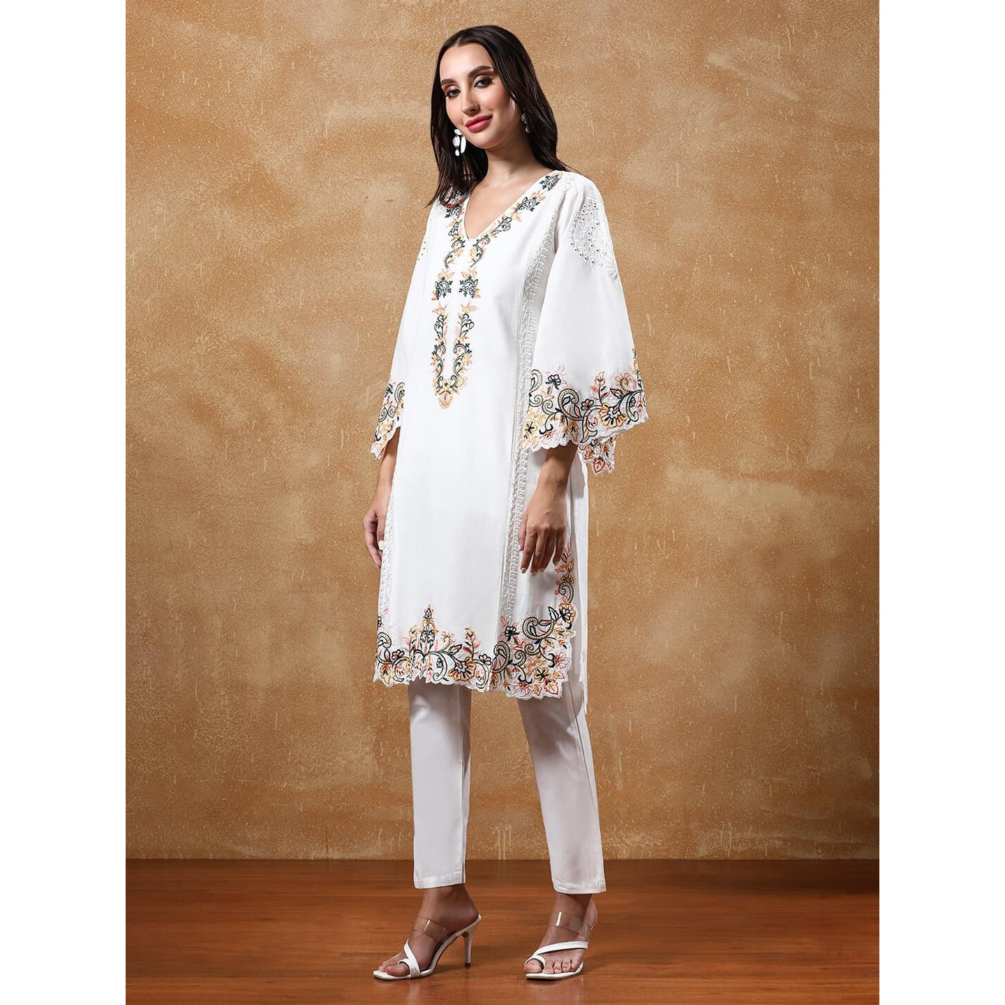 Varanga Floral Embroidered Pure Cotton Flared Sleeves V-Neck Straight Kurta With Trousers