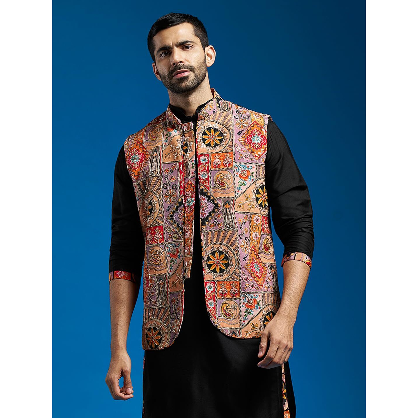 Vastramay Men's - Nehru Jacket | Allover Printed Embroidered Sequiend Nehru Jacket For Men | Perfect For Navratri