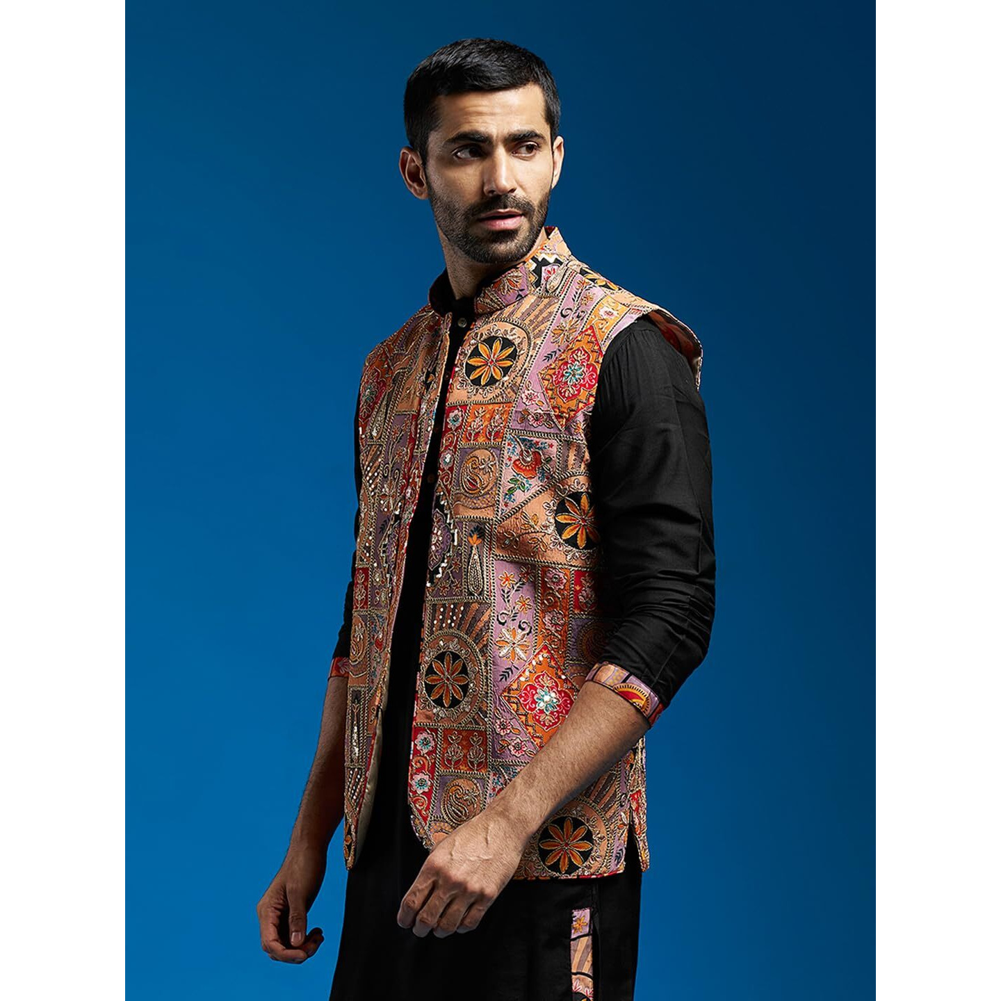 Vastramay Men's - Nehru Jacket | Allover Printed Embroidered Sequiend Nehru Jacket For Men | Perfect For Navratri