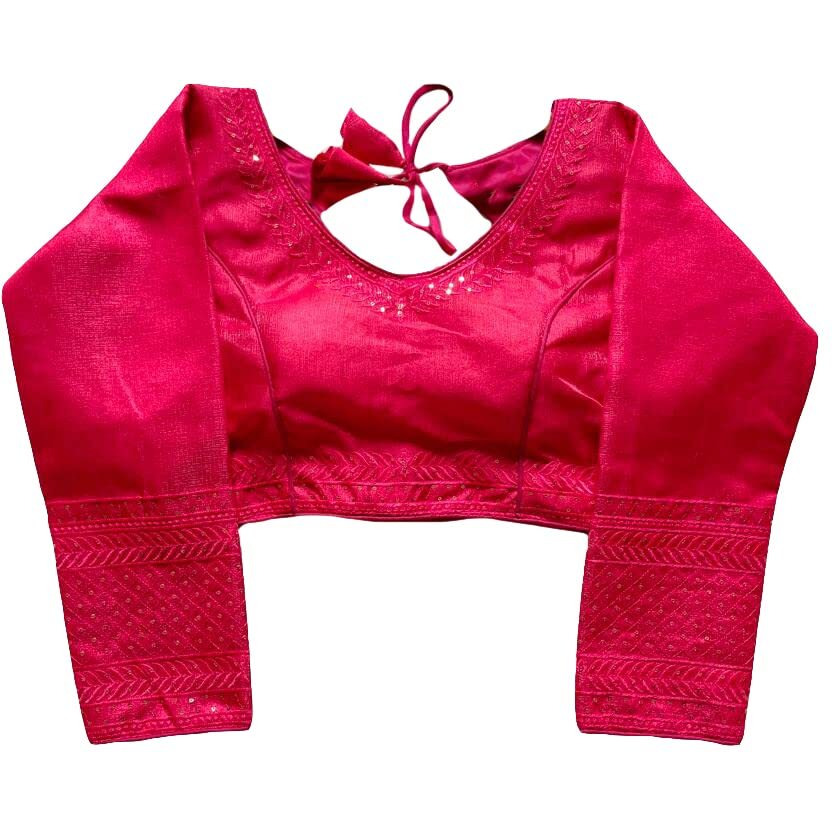 Vihu Fashion Milan Silk Full Sleeve V Neck Multi Embroidery Trendy Saree Blouse(Rukmini Pink 42)