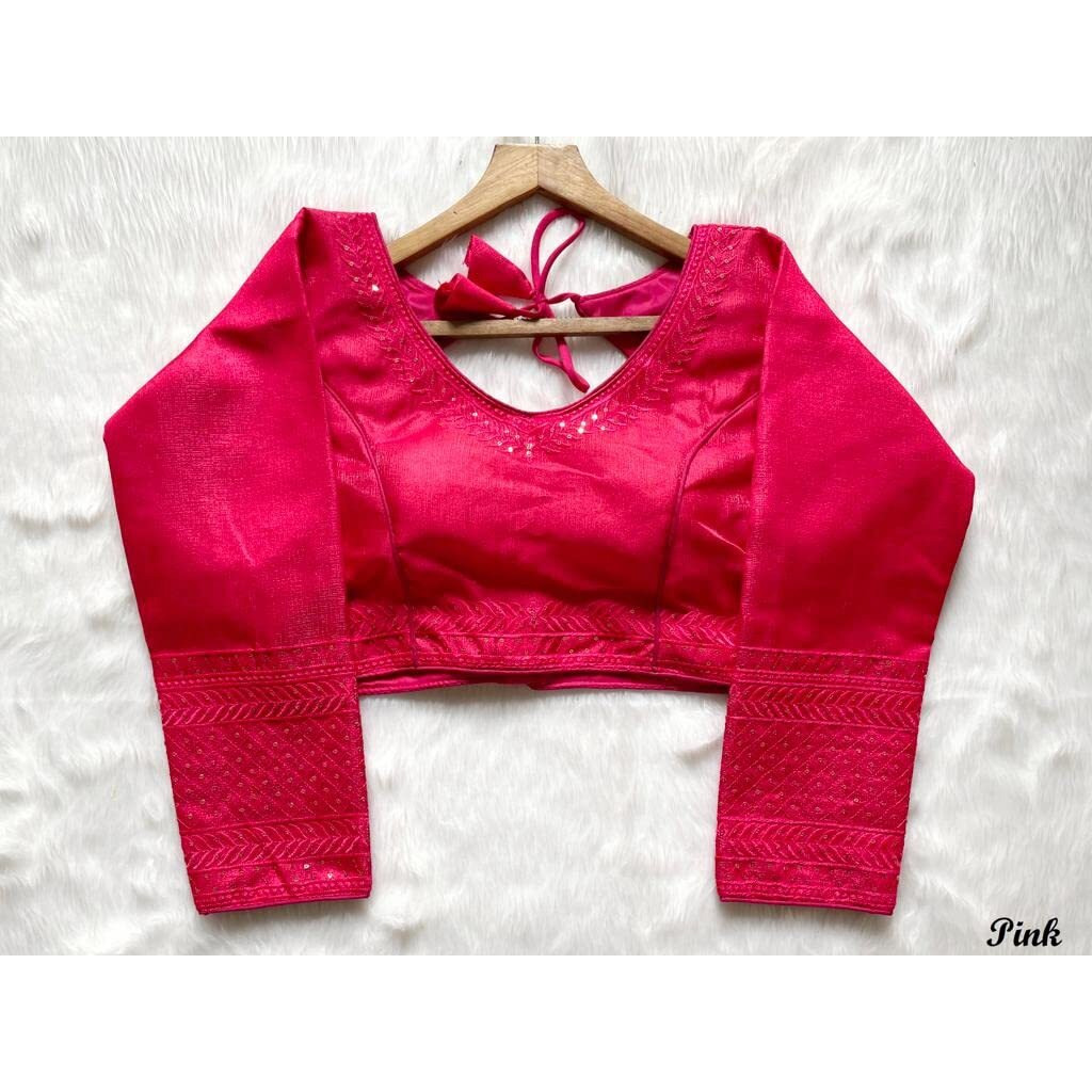 Vihu Fashion Milan Silk Full Sleeve V Neck Multi Embroidery Trendy Saree Blouse(Rukmini Pink 42)